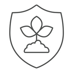 Plant with leaves on safety emblem thin line icon, eco tourism concept. Vector graphics. Protection shield with leaf plant sign on white background, linear style icon for mobile or web design.