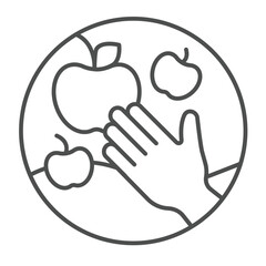 Hand and apple fruit thin line icon, eco tourism concept. Vector graphics. Fruit harvesting with human hand sign on white background, linear style icon for mobile or web design.