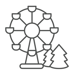 Fir tree and observation wheel thin line icon, eco tourism concept. Vector graphics. Amusement park ride, high rise view sign on white background, linear style icon for mobile or web design.