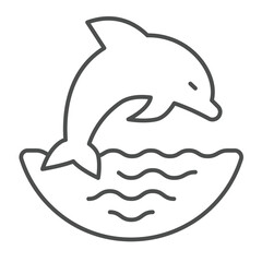 Fototapeta premium Dolphin jump at sea thin line icon, eco tourism concept. Vector graphics. Sea animal with water waves sign on white background, linear style icon for mobile or web design.