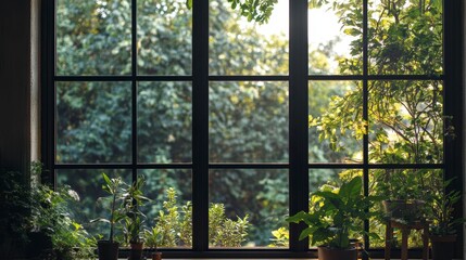 Fototapeta premium Indoor plants frame a large window overlooking lush green foliage.