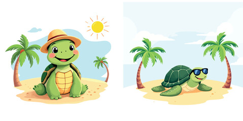 Vsai happy cartoon turtles enjoying summer vacation on tropical beach
