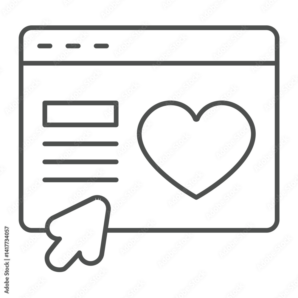 Poster website with heart and mouse pointer thin line icon, charity concept. vector graphics. landing page,