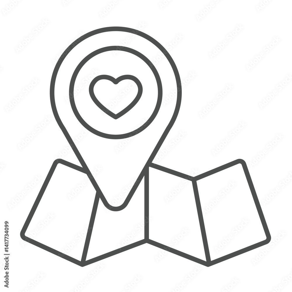 Aufkleber map and location pin with heart thin line icon, charity concept. vector graphics. donation point on 