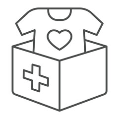 Clothes box, shirt with heart thin line icon, charity concept. Vector graphics. Humanitarian aid box, donation sign on white background, linear style icon for mobile or web design.