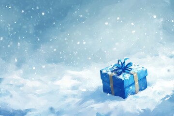 Blue gift box in snowy winter wonderland with falling snowflakes