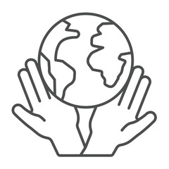 Planet earth in human palm hands thin line icon, charity concept. Vector graphics. World globe with hands sign on white background, linear style icon for mobile or web design.
