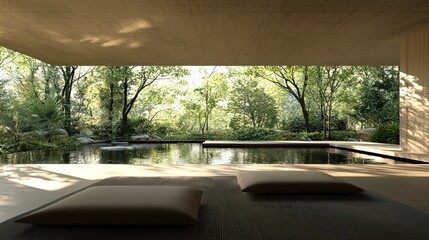 Tranquil Zen space with forest view, meditation cushions