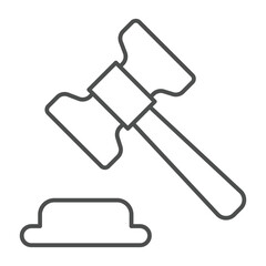 Wooden judge gavel thin line icon, law and order concept. Vector graphics. Judge hammer, judgement sign on white background, linear style icon for mobile or web design.