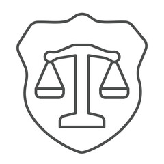 Weigh scales on safety emblem thin line icon, law enforcement concept. Vector graphics. Libra scales on shield, judgement sign on white background, linear style icon for mobile or web design.