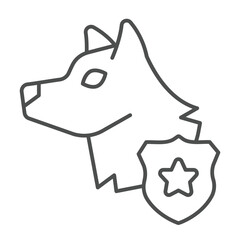 Search dog with police badge thin line icon, law enforcement concept. Vector graphics. Dog with safety emblem, pet animal sign on white background, linear style icon for mobile or web design.