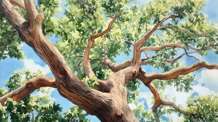 Obraz premium Azure Canopy Sundrenched tree viewed from below branches reaching skyward