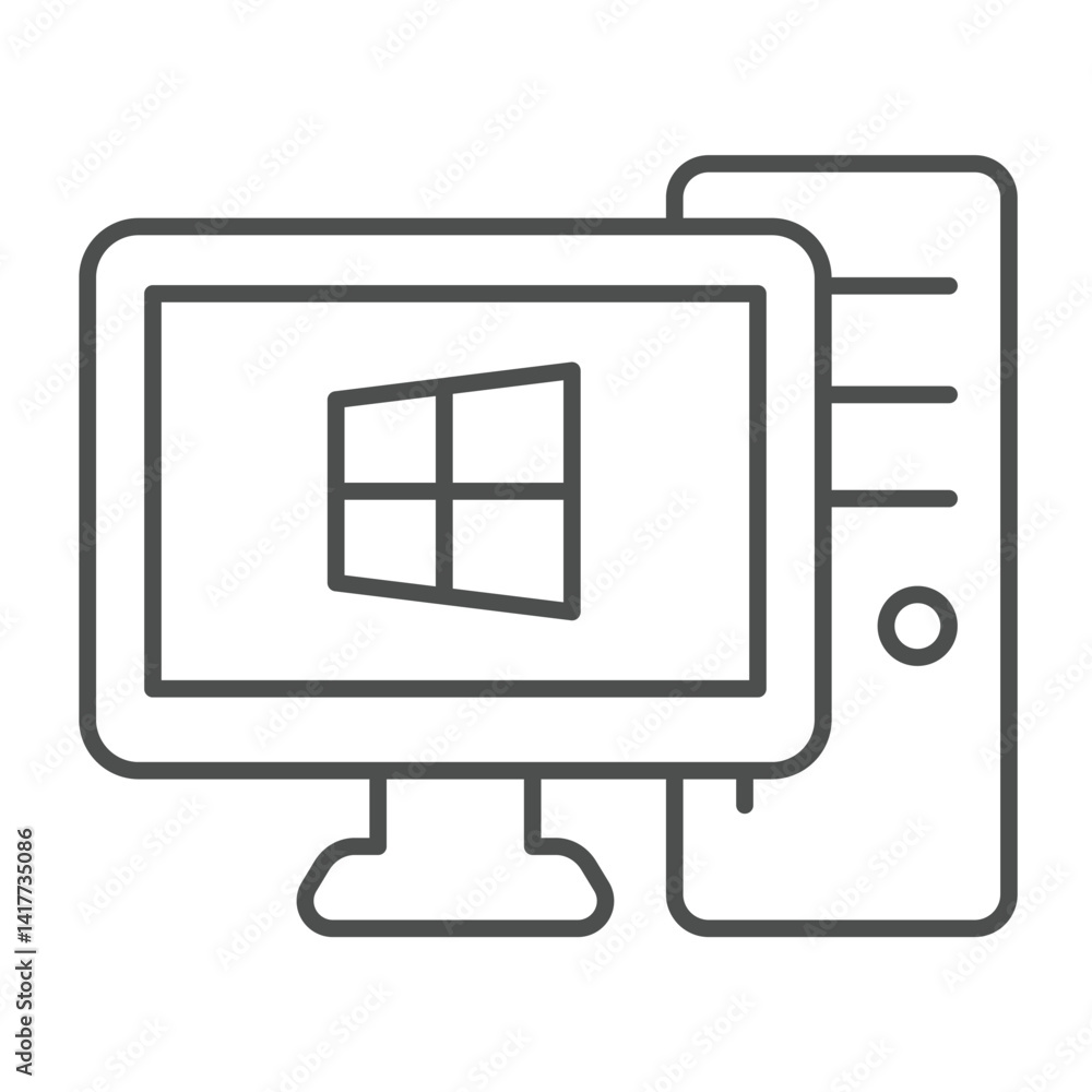 Poster personal computer with windows thin line icon, windows pack concept. vector graphics. monitor and sy