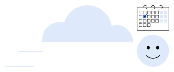 Blue cloud, flying lines, calendar with marked date, cheerful happy face conveying planning, positivity, digital storage, productivity, remote access, scheduling future goals flat simple metaphor