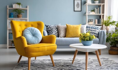 Bright yellow armchair in living room, cushions and flowers, shelf background