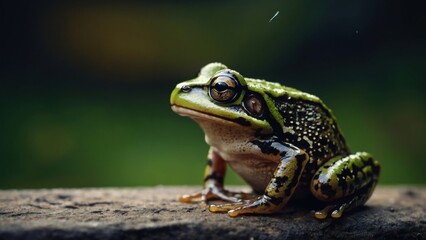 Fototapeta premium Close-up of a green and brown frog sitting on a textured surface, with a blurred green background and a bright, focused eye.