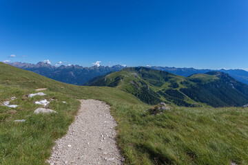 Fototapeta premium Path in the middle of meadows in the southern side of the Latemar Massif. Cima d'Asta Peak and Lagorai mountain range in the background. UNESCO world heritage site, Trentino-Alto Adige, Italy, Europe