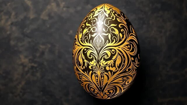 Animation of gold-foil Easter egg with intricate pattern on dark background