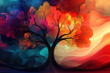 Abstract painting of a tree with colorful leaves and branches against a vibrant background art style