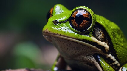 Fototapeta premium Detailed portrait of a vibrant green frog with striking orange and black eyes, showcasing its unique skin texture and captivating gaze