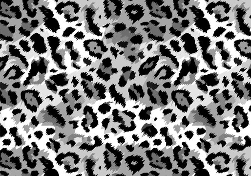 Vector trendy snow leopard pattern horizontal background. Detailed wild animal skin, natural black and white cheetah texture for fashion print, fabric, textile, cover, wrapping, background, wallpaper.