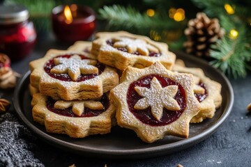 Festive holiday linzer cookies with raspberry jam and powdered sugar