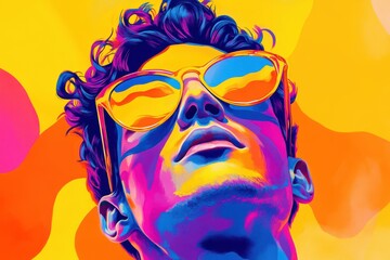 Colorful portrait of a man wearing sunglasses against a vibrant yellow and orange background art