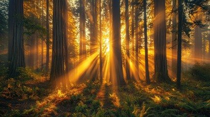 Fototapeta premium Golden sunlight streams through redwood forest at sunset