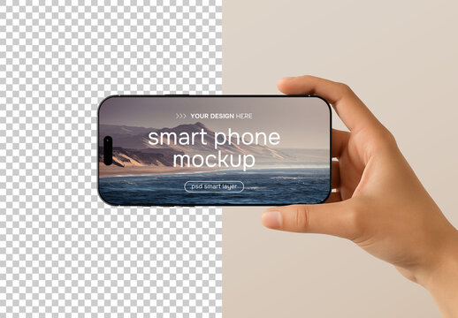 Horizontal smartphone in hand mockup