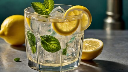 Refreshing summer lemonade drink with lemon slices and ice