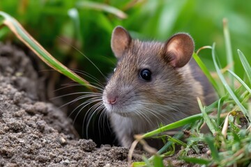 Curious mouse peeks out of burrow in grassy field, showcasing wildlife habitat