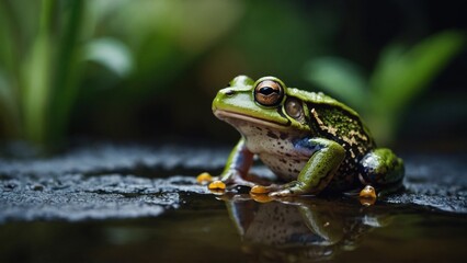 Vibrant green frog resting on a wet rock with reflection in pond water, macro photograph capturing the amphibian's eye