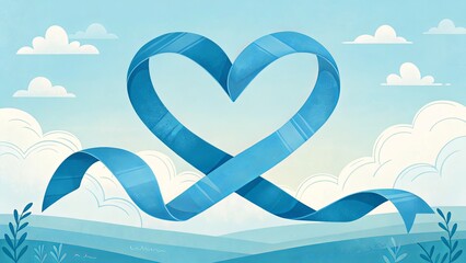 Twisting blue ribbon forms dual heart shapes floating above a calm illustrated landscape with clouds and hills. Concept of unity, love, and partnership