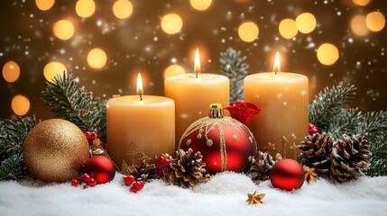 Warm candlelight illuminates a festive Christmas scene, sparkling ornaments nestled in snow with a magical bokeh background.