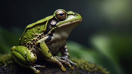 Obraz premium Vibrant green frog sitting on mossy surface with striking golden eyes, illuminated by soft natural light