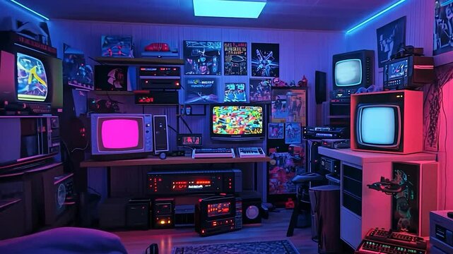 Retro gaming room filled with vintage electronics and colorful decor