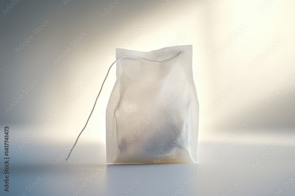 Aufkleber a single tea bag with a string on a white surface against a blurred background with soft lighting