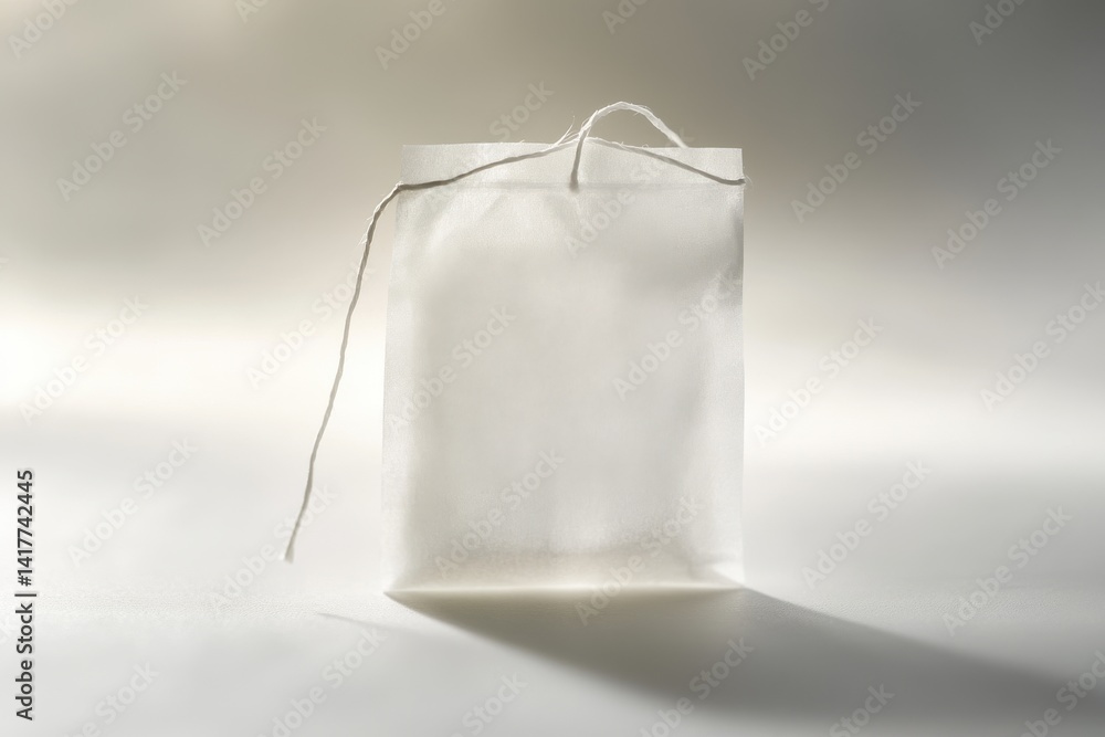Aufkleber a simple shot of a white tea bag with string on a white surface with a soft light and