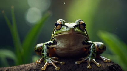 Small Green Frog Portrait with Textured Skin and Golden Eyes Resting on Log in Lush Rainforest Setting