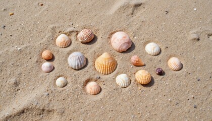 Colorful Seashell Collection on Sandy Beach Nature Photography Peaceful Outdoor Environment Aerial View
