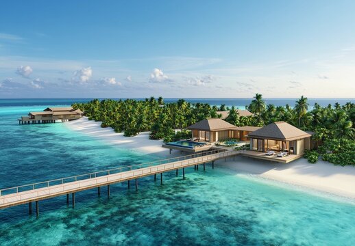 Luxury beachfront villas and overwater bungalows surrounded by lush palm trees and crystal-clear turquoise waters, offering the ultimate tropical escape and relaxation
