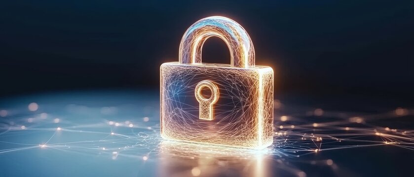 Digital lock symbolizing security and privacy virtual space hyperrealistic image futuristic environment eye-level view