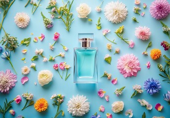 Elegant perfume bottle with turquoise liquid surrounded by colorful fresh flowers on a pastel blue background. A vibrant and feminine flat lay composition evoking freshness, beauty