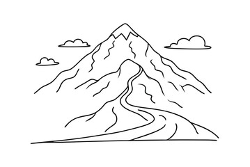 Mountain Peaks And Clouds Hand Drawn Line Art Illustration Vector Design