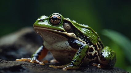 Close-up of a detailed bright green frog sitting on dark rock with a blurred green background