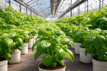 Growing fresh basil in greenhouse for organic food or botany project