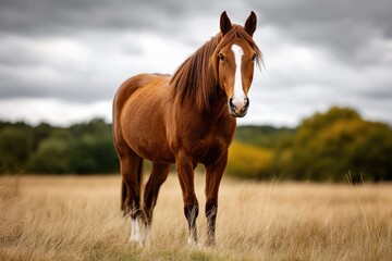 Obraz premium Brown horse standing in a golden field, with trees in the background for equestrian ad