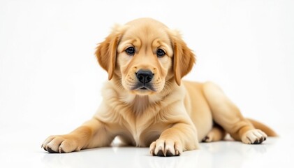 Golden retriever puppy lies down, pure white backdrop, isolated, animal