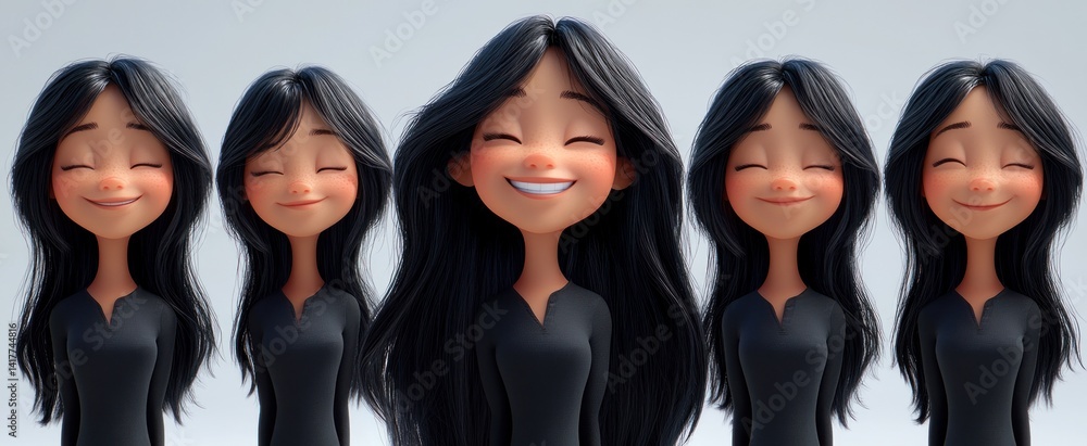 Poster expressive animated character faces with long hair displaying joy and happiness in a playful arrange