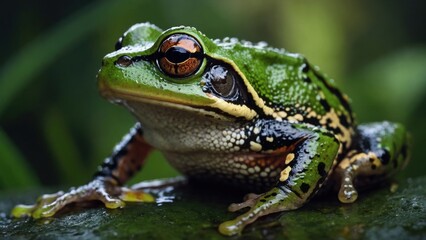 Close-up of a vibrant green frog resting on a leaf with detailed skin texture and captivating amber eyes in a natural setting